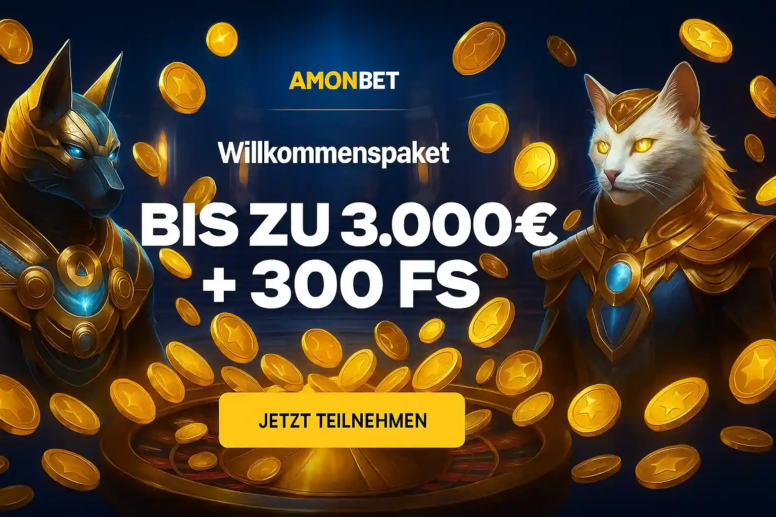 AmonBet Willkommenspaket bis zu 3.000€ + 300 FS mit mythischen Krieger- und Katzen-Charakteren, goldene Münzen, Jetzt teilnehmen