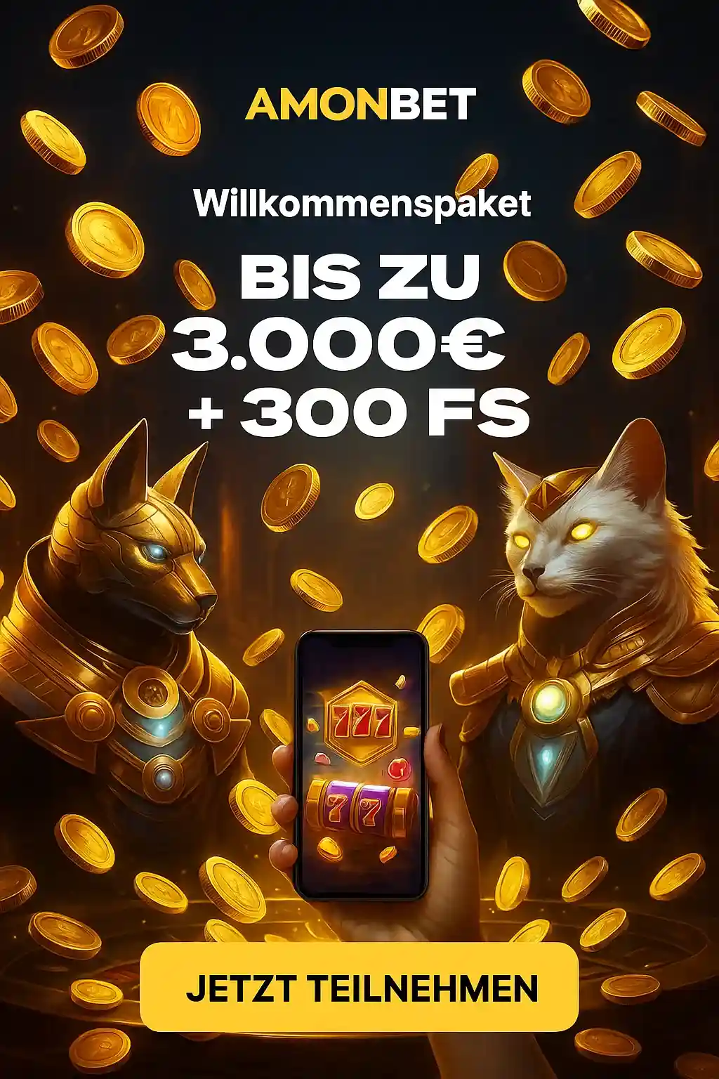 AmonBet Willkommenspaket bis zu 3.000€ + 300 FS mit Smartphone 777 Slots, mythische Charaktere und goldene Münzen