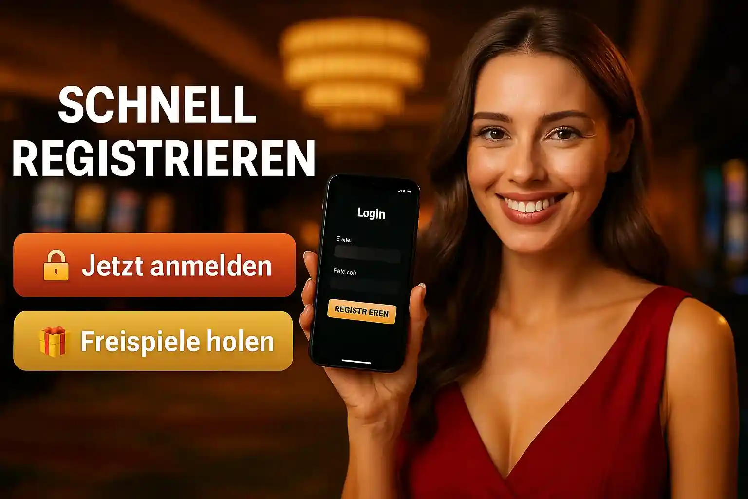 Lächelnde Frau im roten Kleid mit AmonBet Registrierungs-App, Jetzt anmelden und Freispiele holen Buttons
