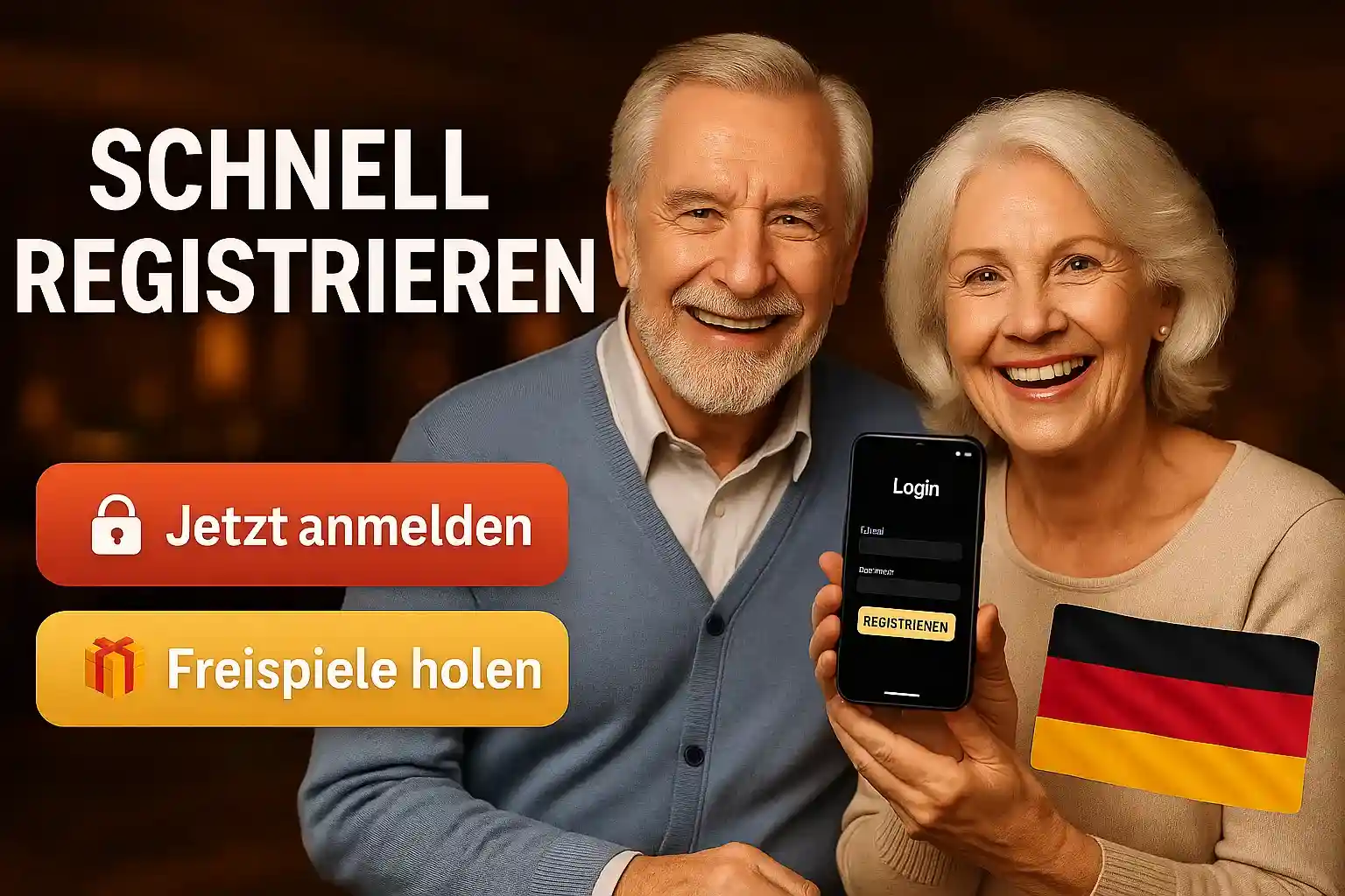Glückliches Senioren-Paar mit deutscher Flagge und AmonBet Registrierungs-App, Jetzt anmelden und Freispiele holen