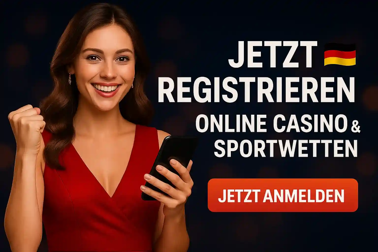 Frau im roten Kleid mit deutscher Flagge lädt zur AmonBet Registrierung für Online Casino & Sportwetten ein