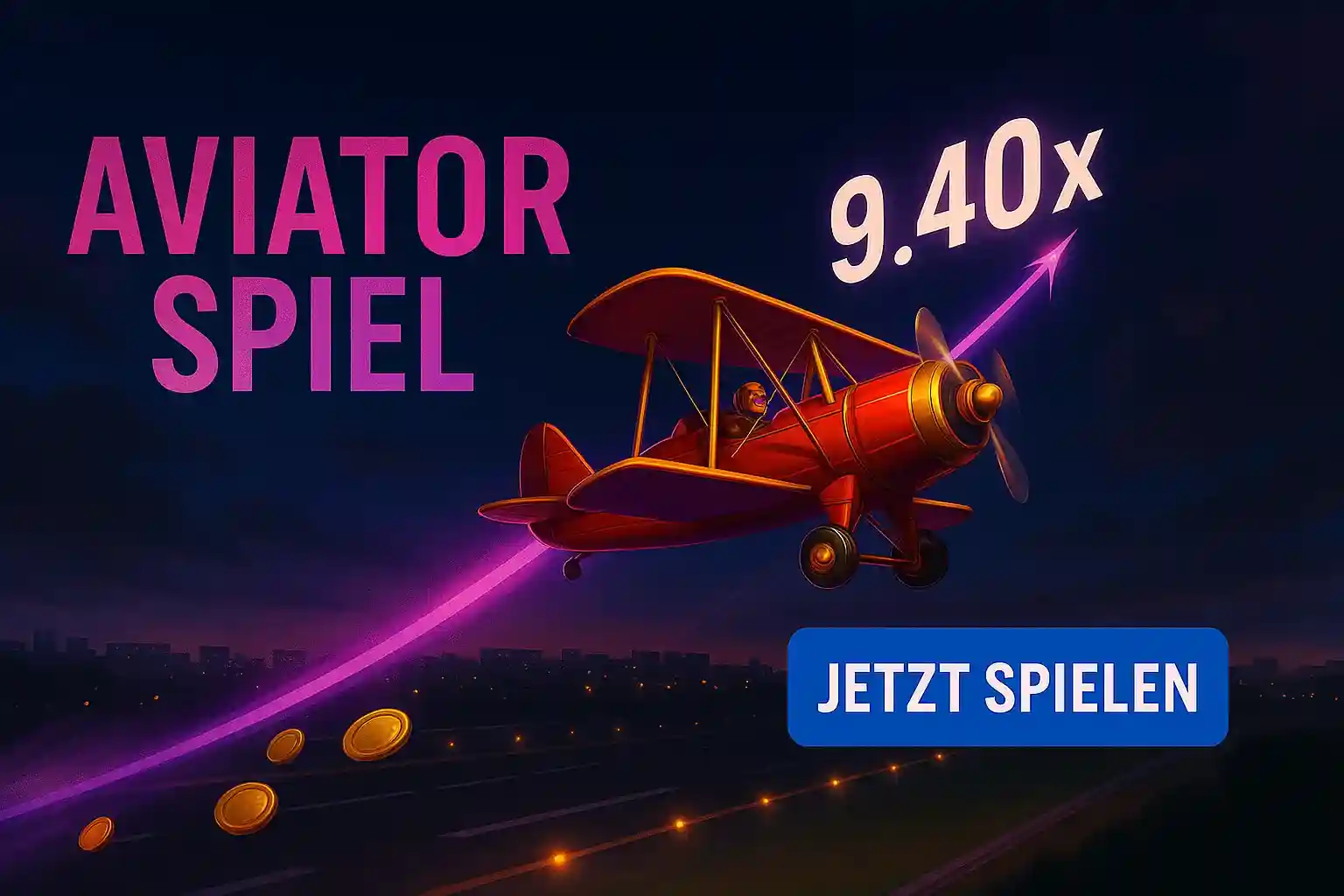 AmonBet Aviator Spiel mit rotem Doppeldecker-Flugzeug und 9.40x Multiplikator im nächtlichen Himmel, Jetzt spielen Button