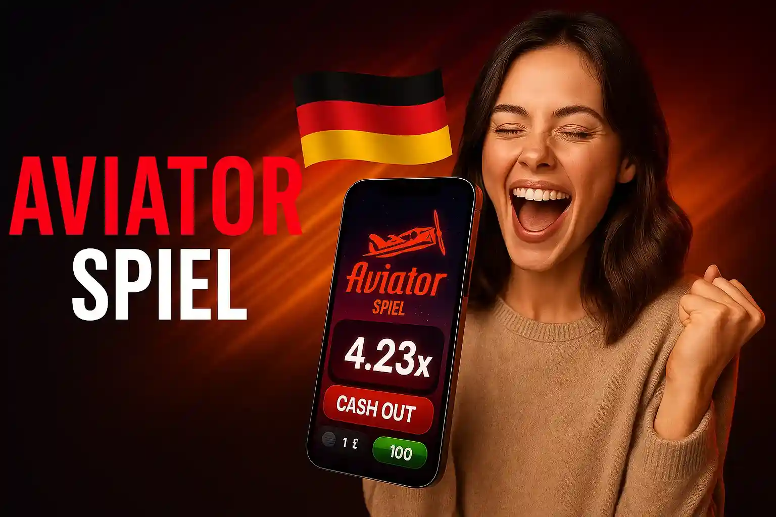 Jubelnde Frau mit deutscher Flagge feiert AmonBet Aviator Gewinn von 4.23x mit Cash Out Button auf Smartphone