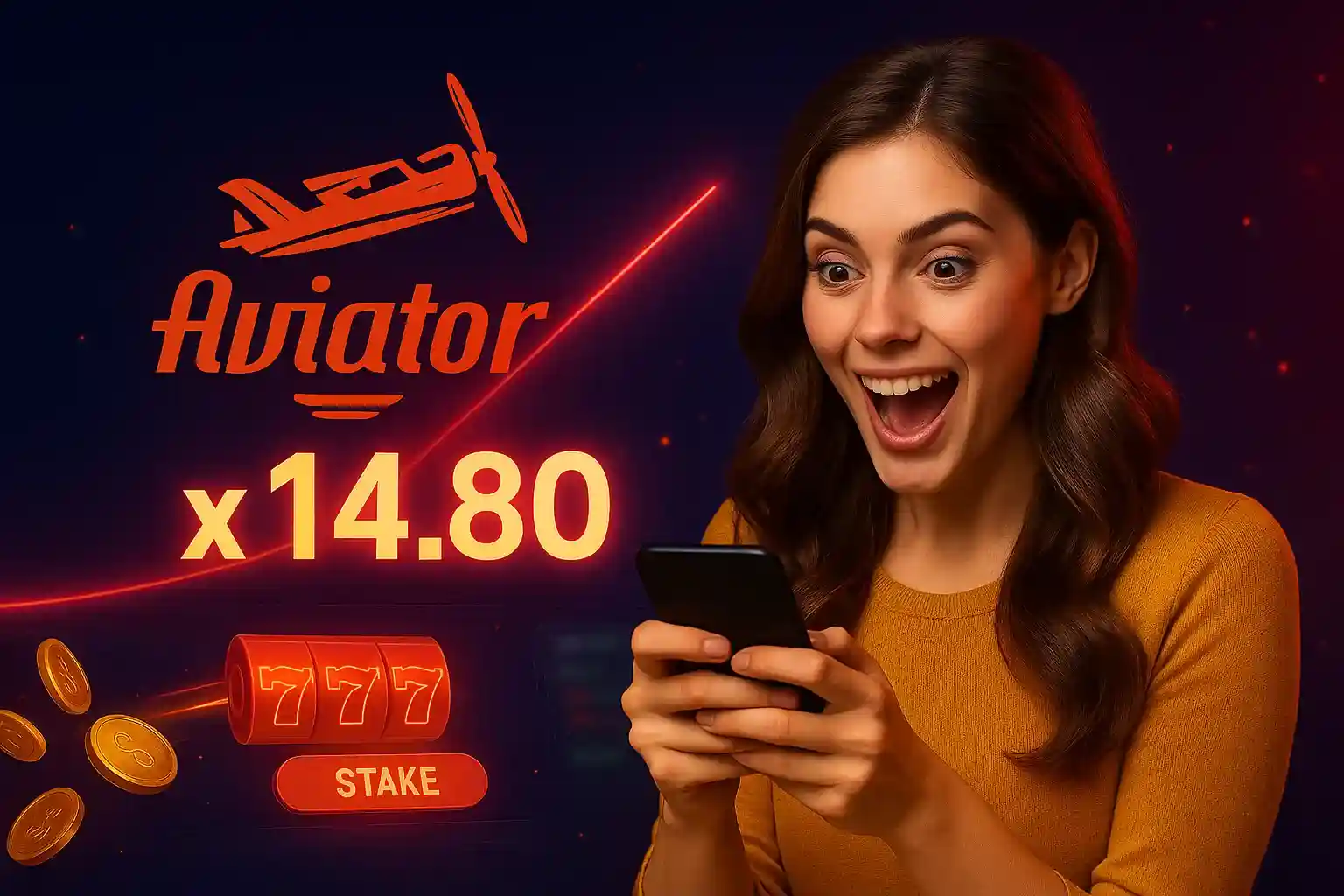 Begeisterte Frau spielt AmonBet Aviator auf Smartphone mit x14.80 Gewinn, 777 Stake-Anzeige und goldenen Münzen