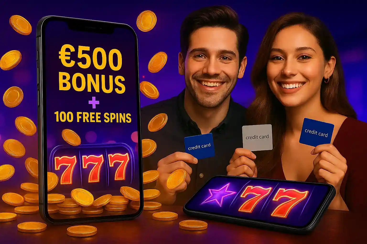 Glückliches Paar mit Kreditkarten zeigt AmonBet €500 Bonus + 100 Free Spins Angebot mit 777 Slots und goldenen Münzen