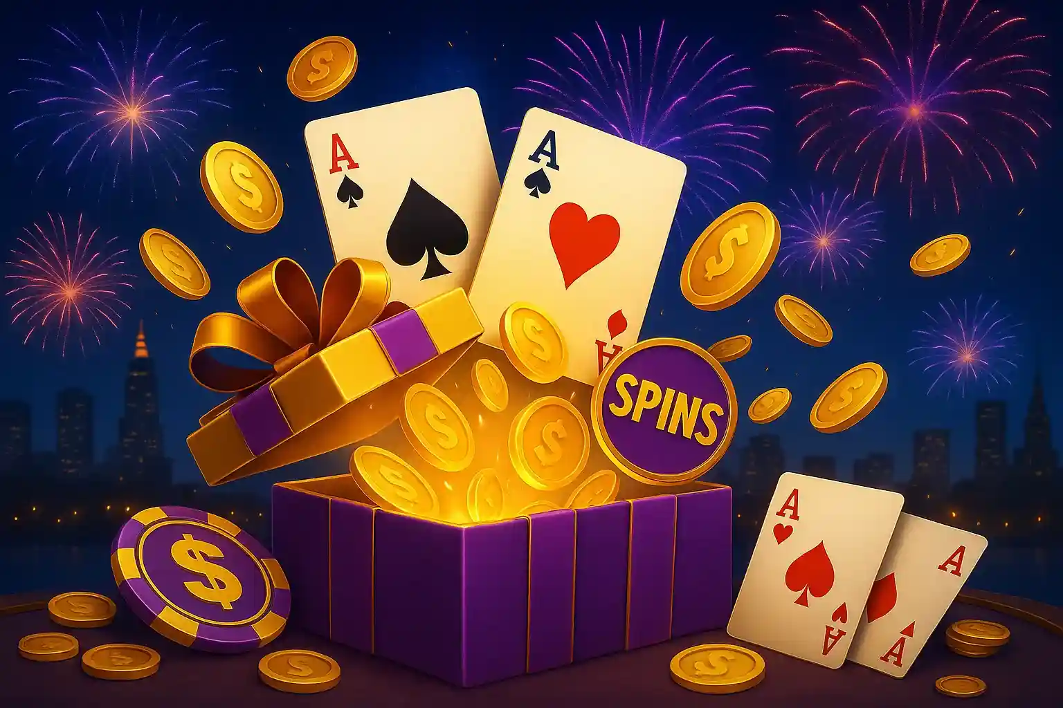 AmonBet Casino Bonus-Geschenkbox mit Assen, Spins-Symbol und Feuerwerk über Stadtsilhouette mit goldenen Münzen