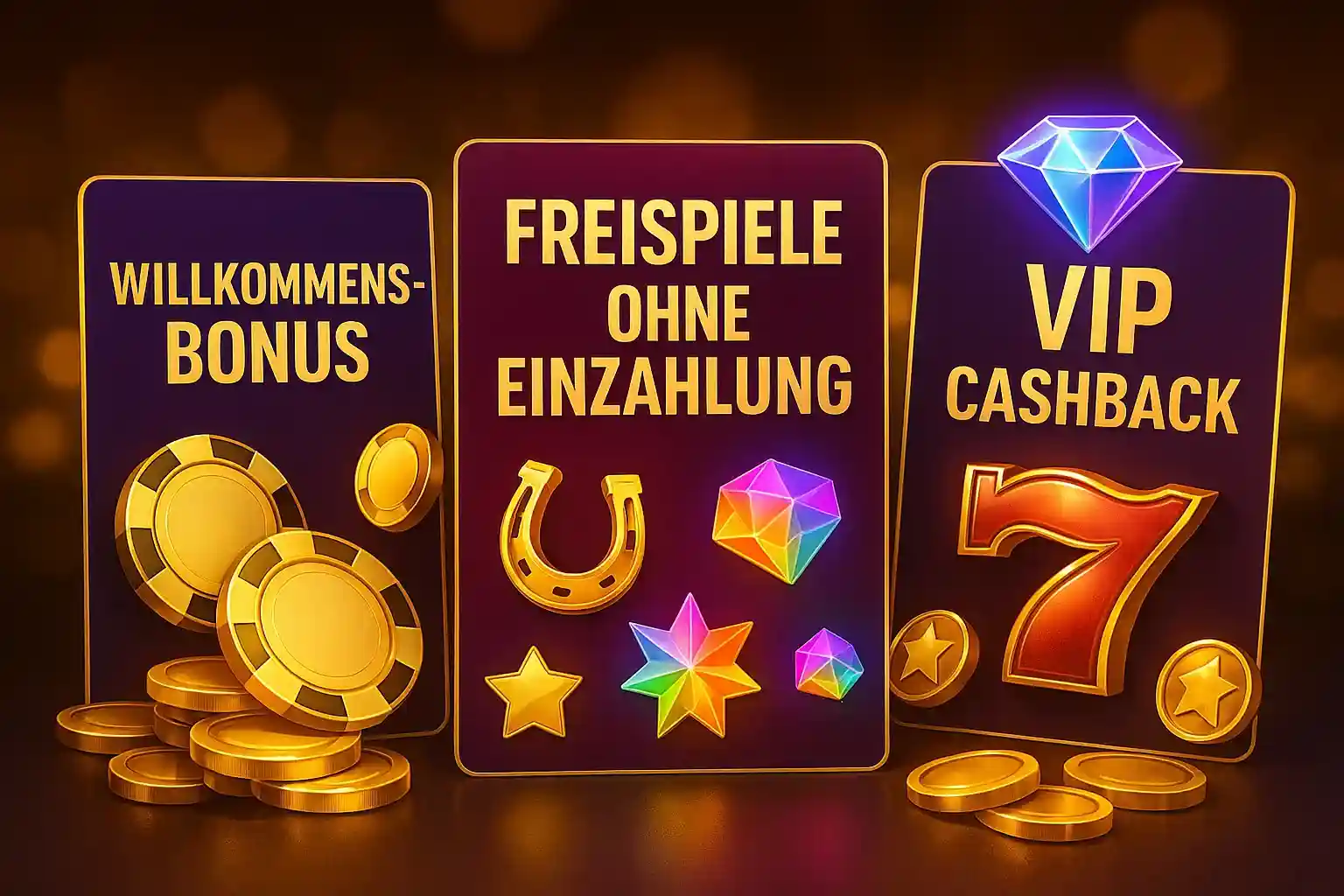 Drei AmonBet Bonus-Karten: Willkommens-Bonus, Freispiele ohne Einzahlung und VIP Cashback mit goldenen Chips