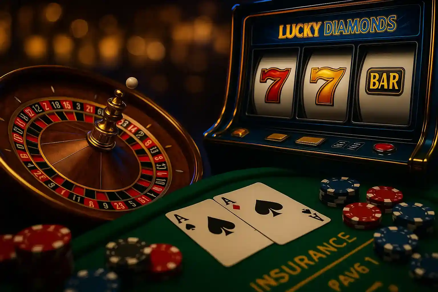 AmonBet Casino Spiele Setup mit Lucky Diamonds Slot, Roulette-Rad, Pik-Assen und bunten Chips auf grünem Tisch