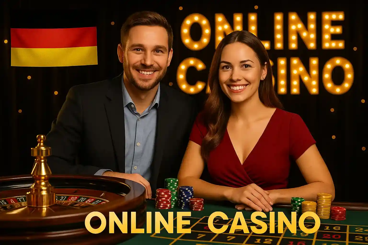 Glückliches deutsches Paar am AmonBet Online Casino Roulette-Tisch mit bunten Chips vor Online Casino Leuchtschrift