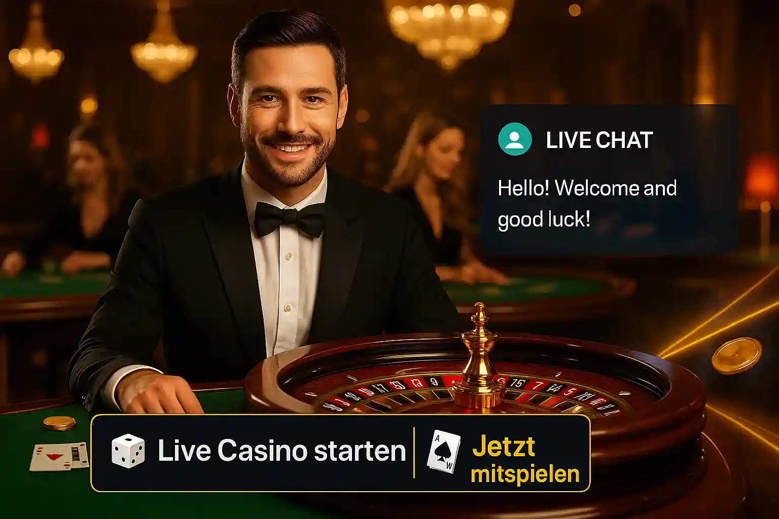 Eleganter AmonBet Live Casino Dealer im Smoking mit Live Chat Hello! Welcome and good luck! am Roulette-Tisch