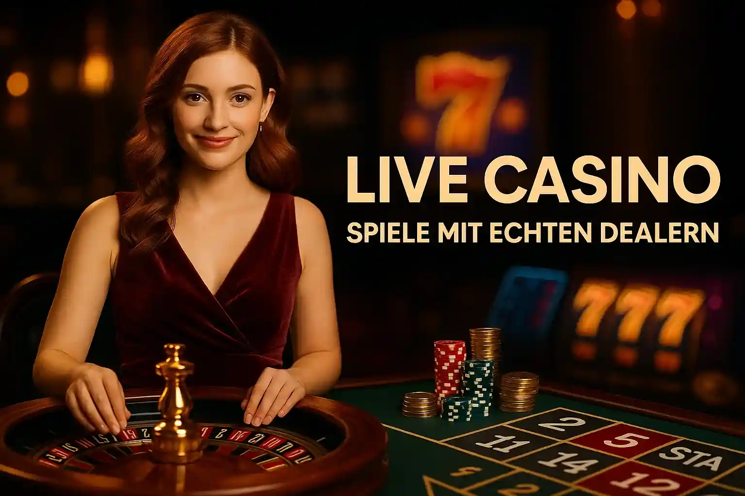 Elegante AmonBet Live Casino Dealerin im roten Kleid am Roulette-Tisch mit Chips und 777 Slot-Maschinen im Hintergrund