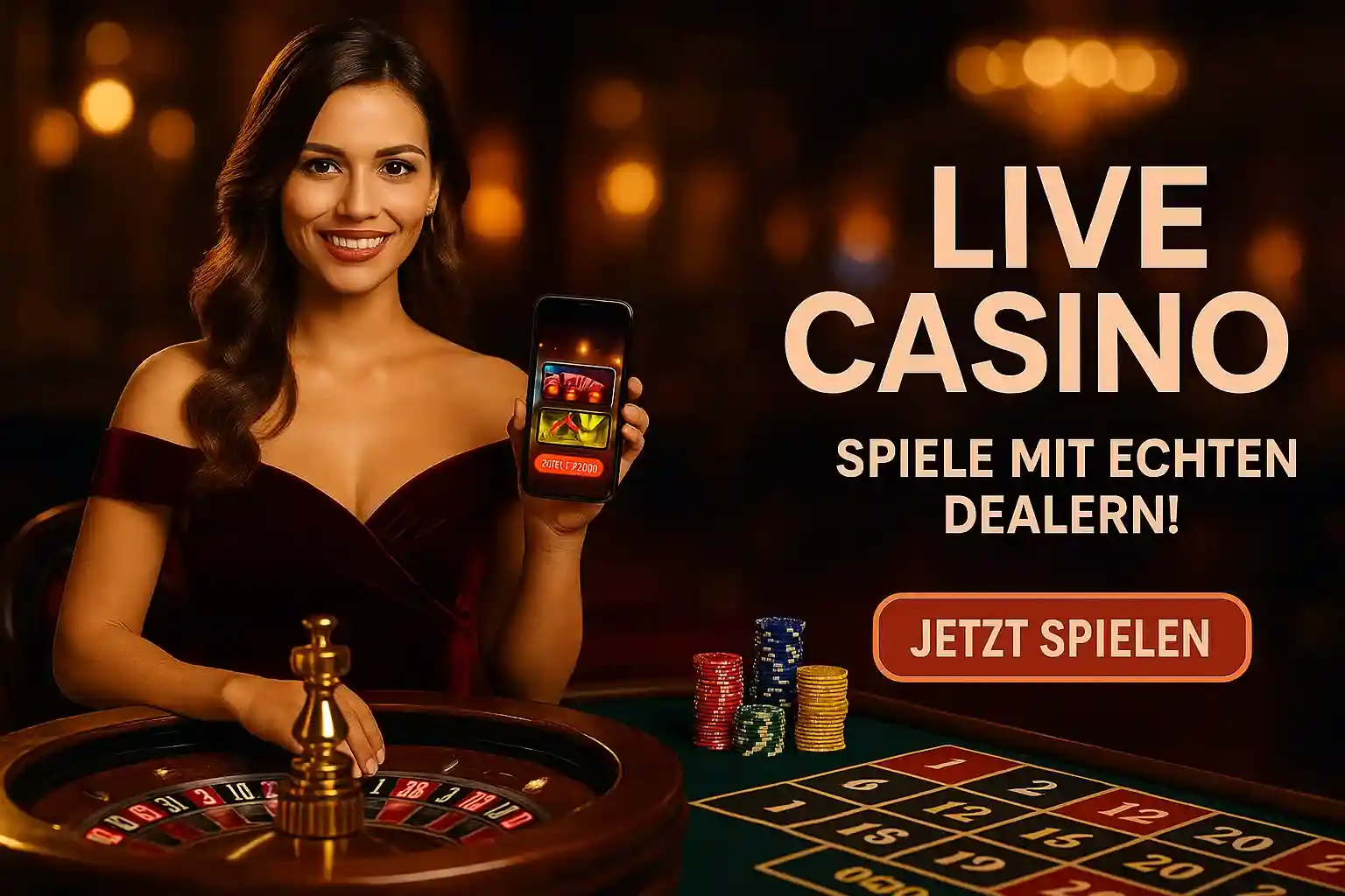 Lächelnde Frau mit AmonBet Live Casino App am Smartphone zeigt Roulette-Spiel mit echten Dealern, Jetzt spielen Button