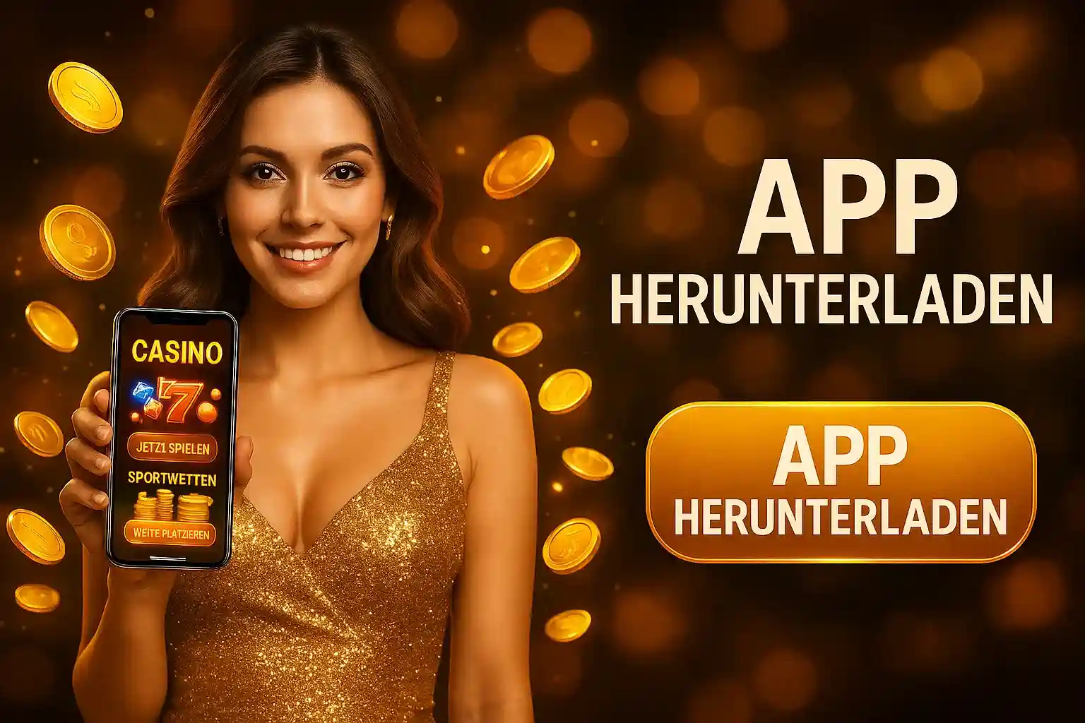 Strahlende Frau im goldenen Kleid präsentiert AmonBet Casino App mit 777 Slots und fliegenden Goldmünzen