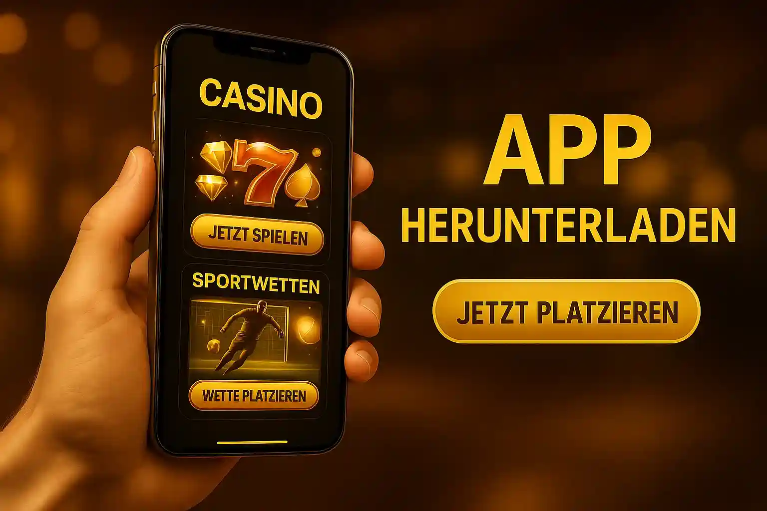Hand hält AmonBet Casino & Sportwetten App mit 777 Diamanten-Slots und Fußball-Wetten, Jetzt platzieren Button