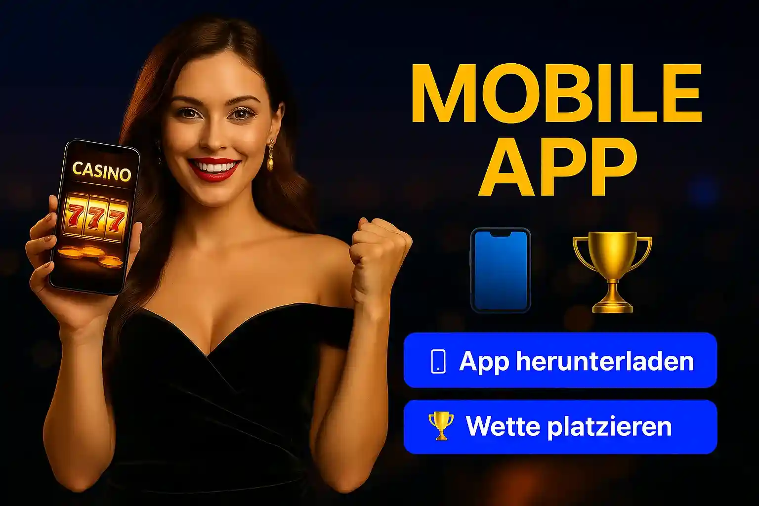 Elegante Frau im schwarzen Kleid mit AmonBet Mobile Casino App zeigt 777 Slots, App herunterladen und Wette platzieren