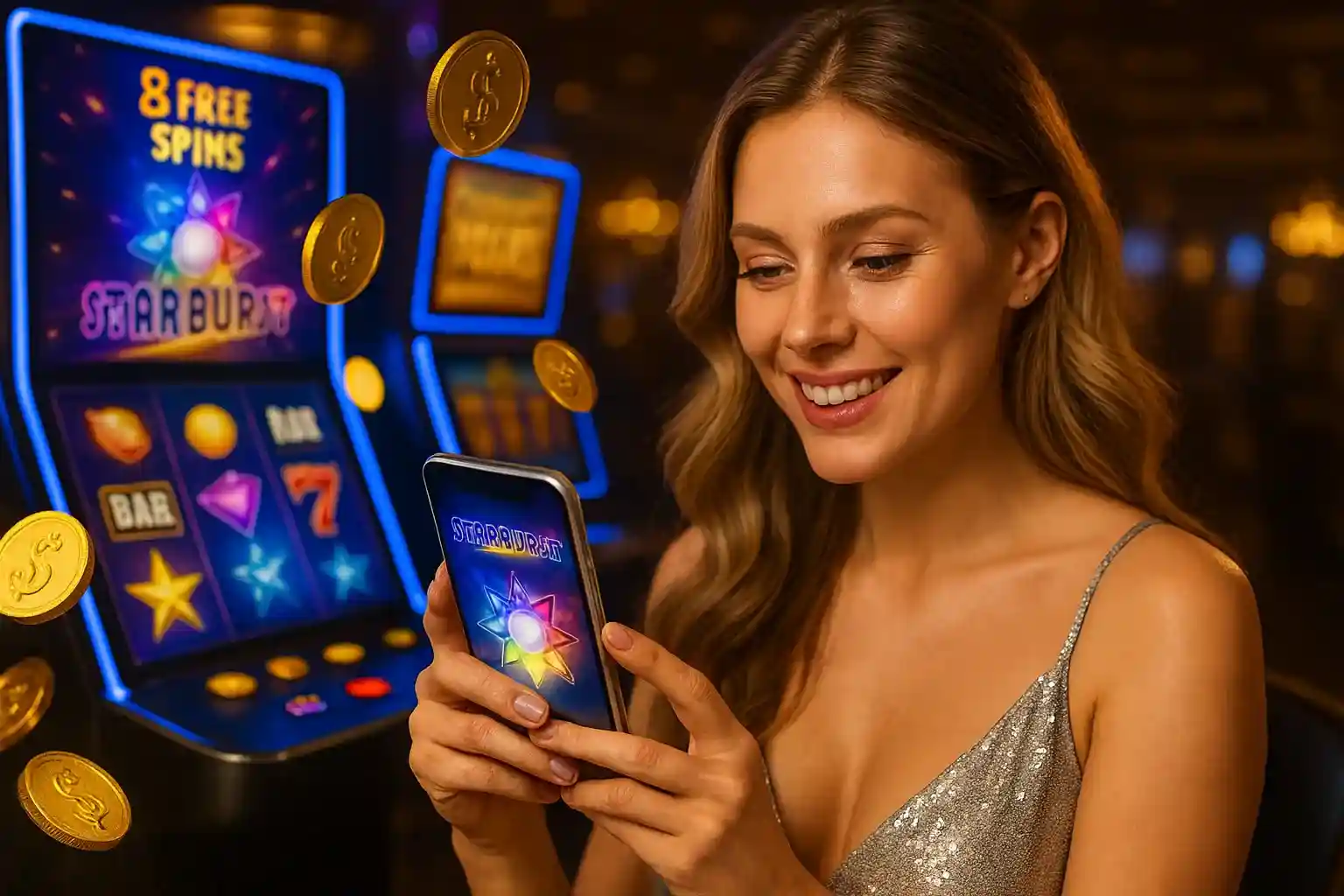 Lächelnde Frau spielt AmonBet Starburst Slot auf Smartphone mit 8 Free Spins und goldenen Münzen im Hintergrund