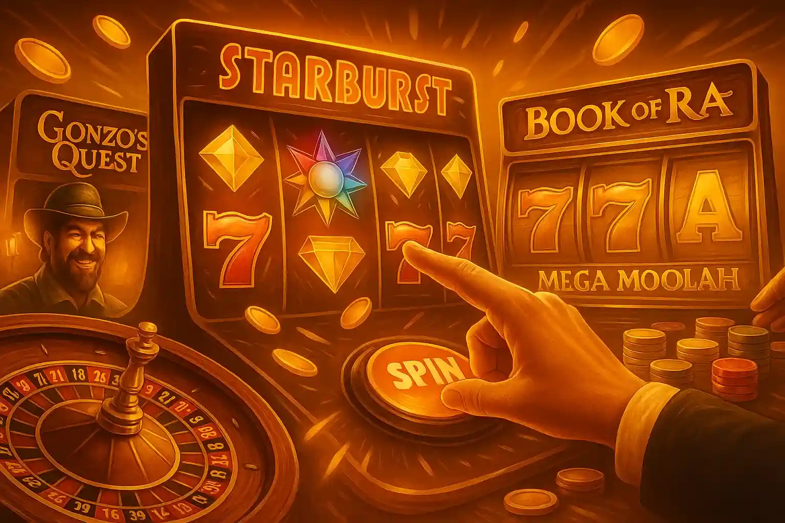 AmonBet beliebte Slots: Starburst, Book of Ra und Gonzo's Quest mit goldenem Spin-Button und fliegenden Münzen