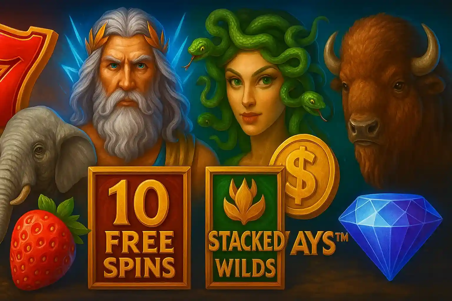 AmonBet Slot-Features mit Mythologie-Charakteren wie Zeus und Medusa, 10 Free Spins und Stacked Wilds Symbolen