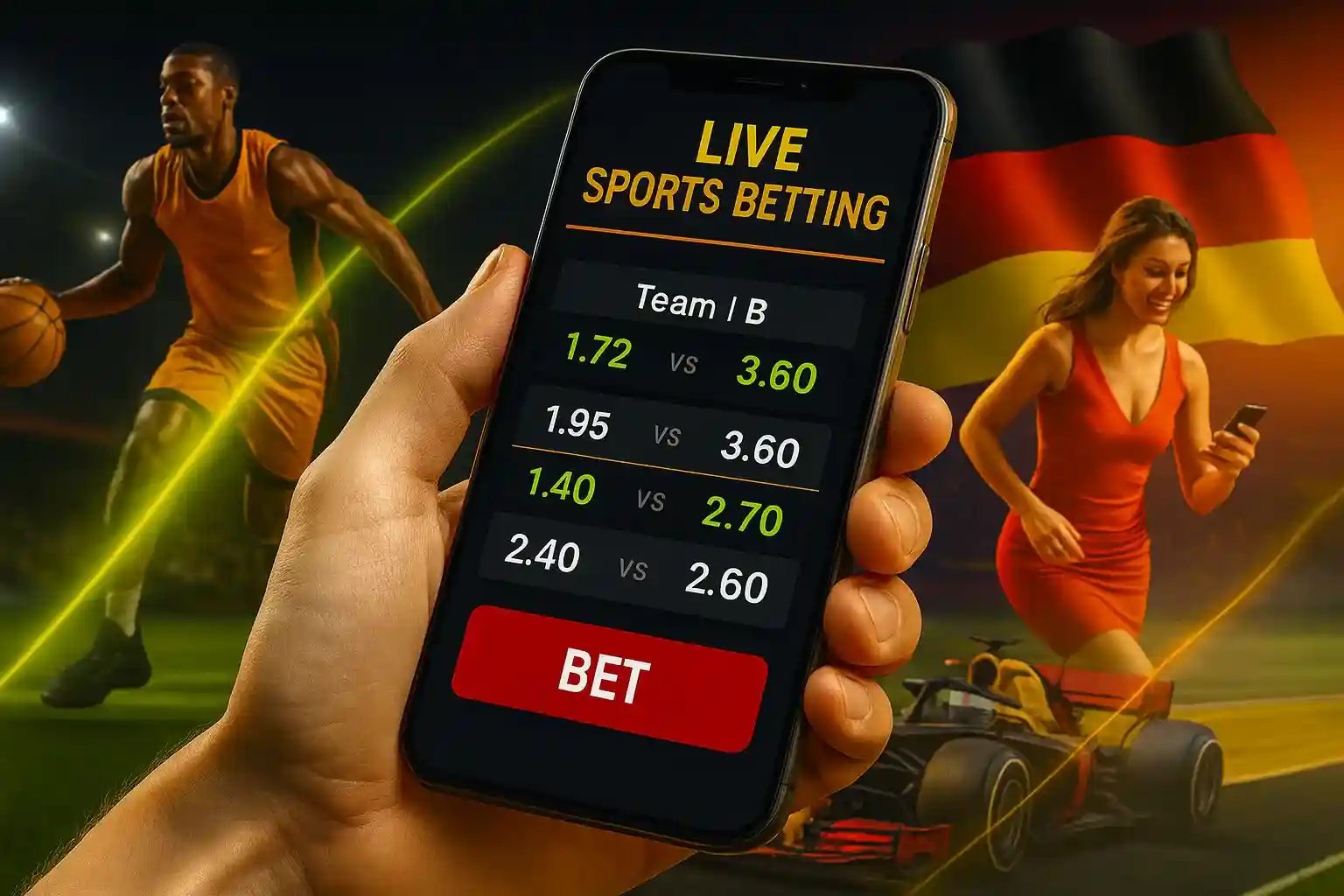 Hand hält AmonBet Live Sports Betting App mit Basketball- und Fußball-Quoten vor deutscher Flagge, BET Button