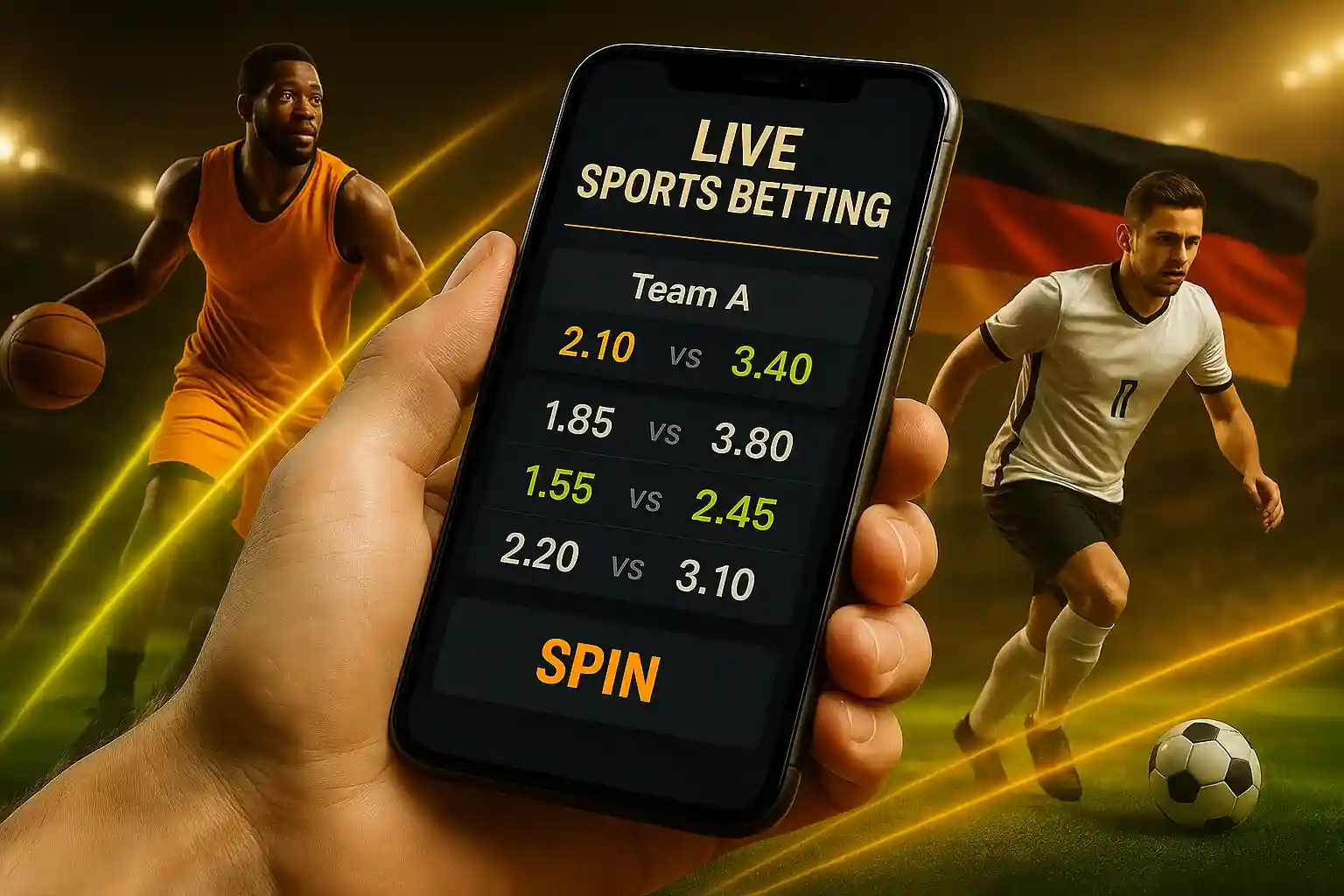 AmonBet Live Sports Betting App zeigt Team A Quoten mit Basketball- und Fußballspielern, SPIN Button am unteren Rand