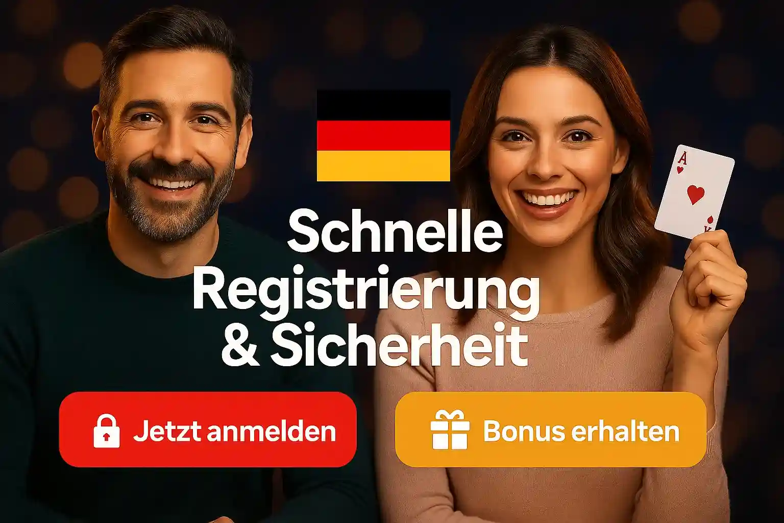 AmonBet schnelle Registrierung & Sicherheit Glückliches deutsches Paar mit Herz-Ass bewirbt AmonBet schnelle Registrierung & Sicherheit, Jetzt anmelden und Bonus erhalten