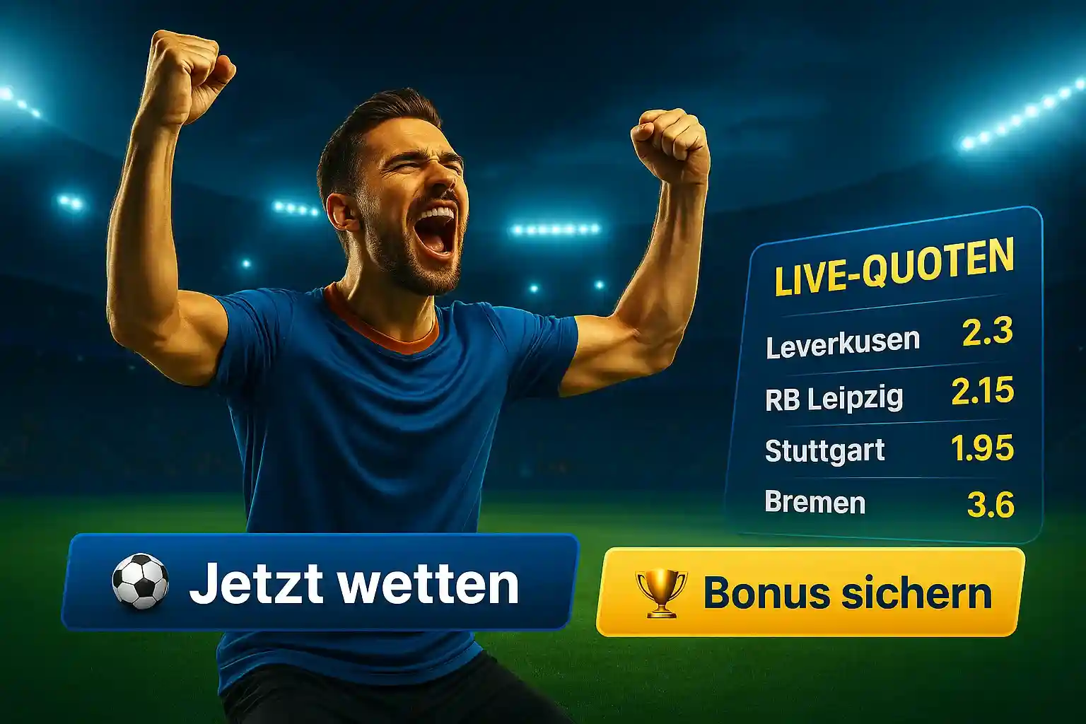 AmonBet Live-Quoten - Jetzt wetten & gewinnen Jubelnder Fußball-Fan im Stadion mit AmonBet Live-Quoten für Leverkusen, RB Leipzig, Stuttgart und Bremen