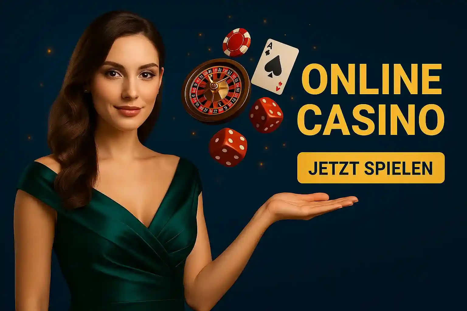 AmonBet Online Casino - Jetzt spielen Elegante Frau im grünen Kleid präsentiert AmonBet Online Casino mit Roulette, Würfeln und Karten, Jetzt spielen