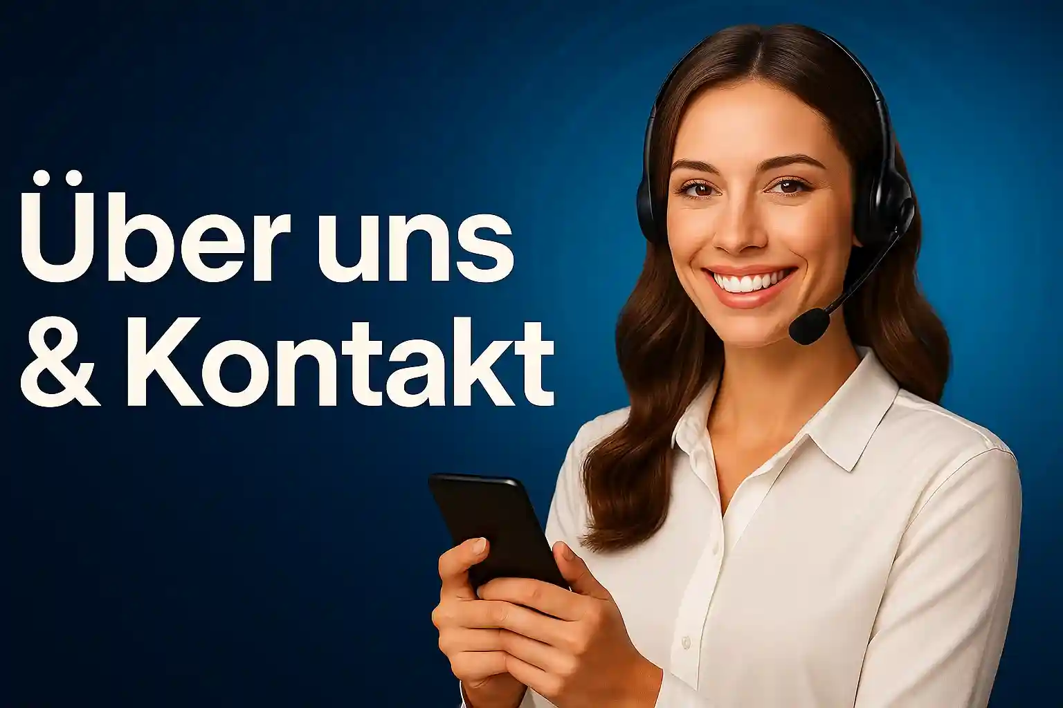 Professionelle AmonBet Kundenservice-Mitarbeiterin mit Headset und Smartphone vor blauem Hintergrund