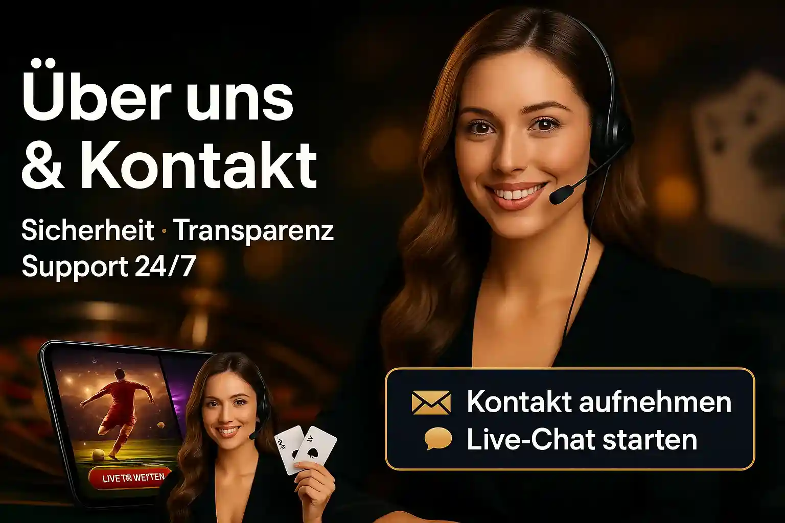 Freundliche AmonBet Kundenservice-Mitarbeiterin mit Headset, Sportwetten und Casino im Hintergrund, Kontakt aufnehmen