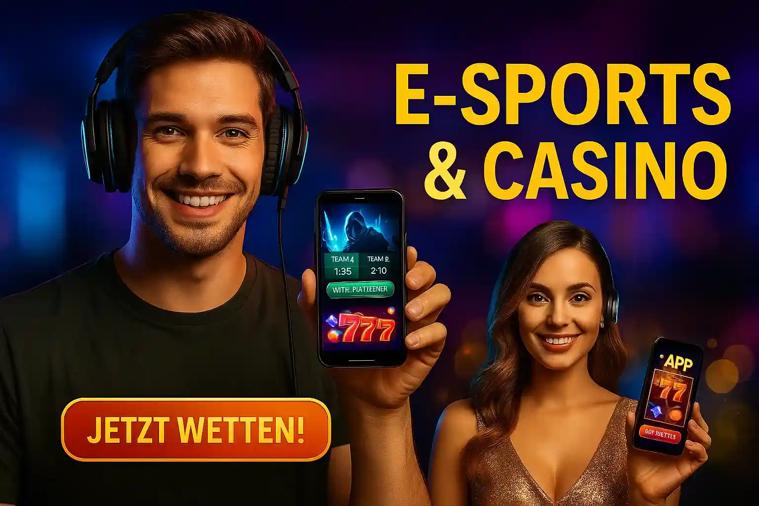 Gaming-Paar mit Headsets zeigt AmonBet E-Sports & Casino Apps mit 777 Slots und Jetzt wetten! Button